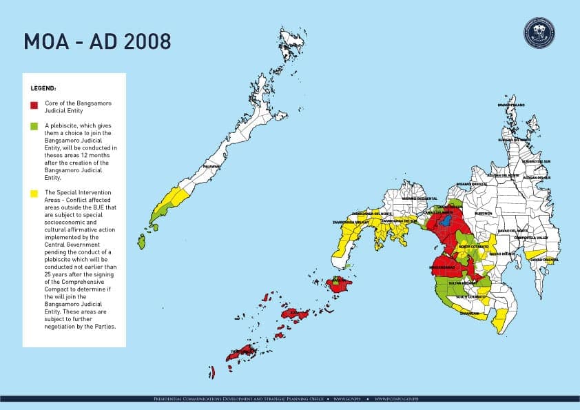 The 2008 MOA-AD map showing proposed Bangsamoro territory in red and yellow across Mindanao and the Sulu archipelago.